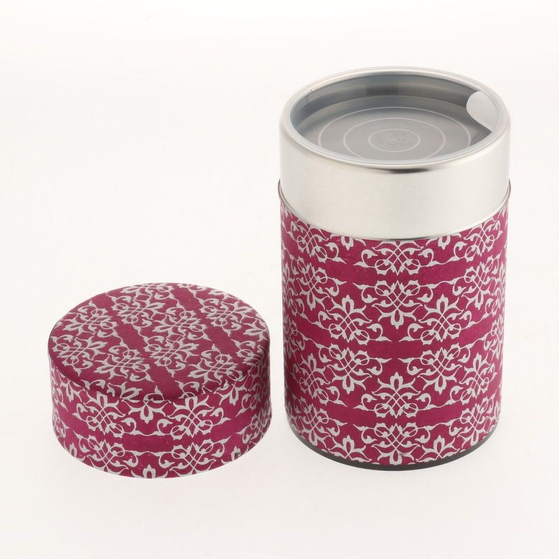 Tea Caddy - Washi Paper- Wazome Fuscia/Silver Baroque 150g.